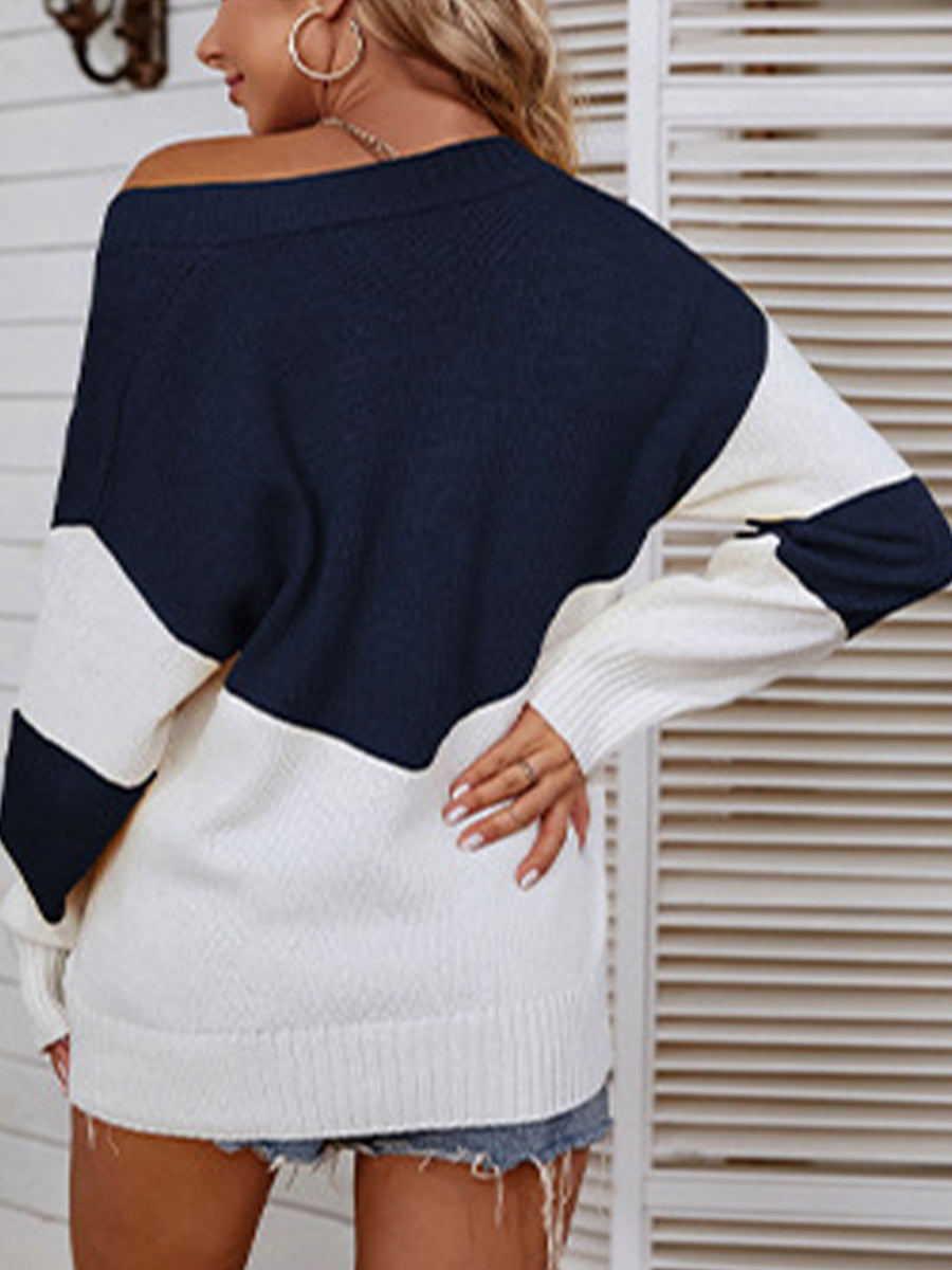 Color Block V-Neck Sweater | Casual Sweater With Ribbed Sleeves And Hem