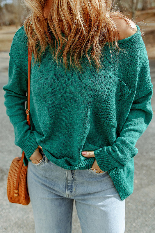 Dropped Shoulder Boat Neck Sweater Pullover with Pocket | Acrylic Fiber Pullover