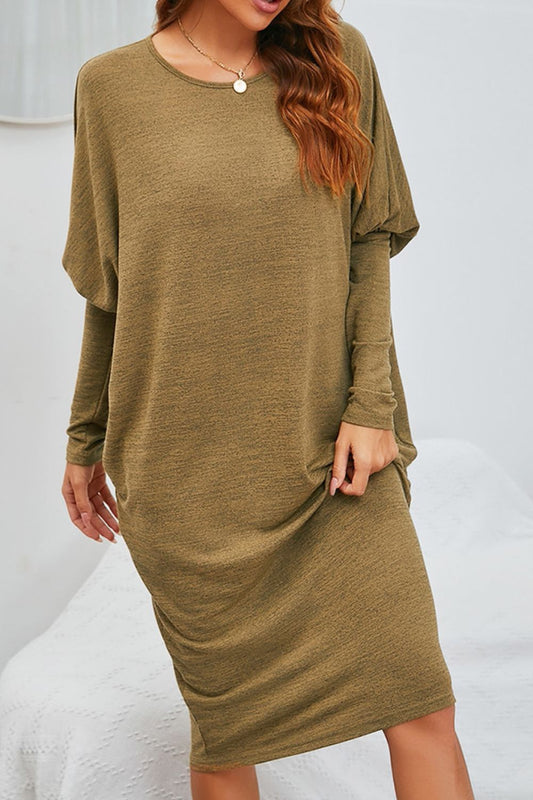 Round Neck Dolman Sleeve Dress | Casual Solid Knee Length Straight Dress