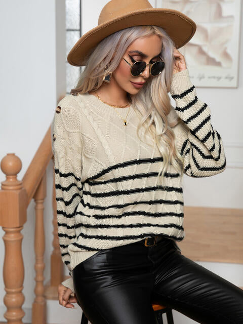 Striped Round Neck Cable-Knit Sweater | Acrylic Sweater With Ribbed Cuffs