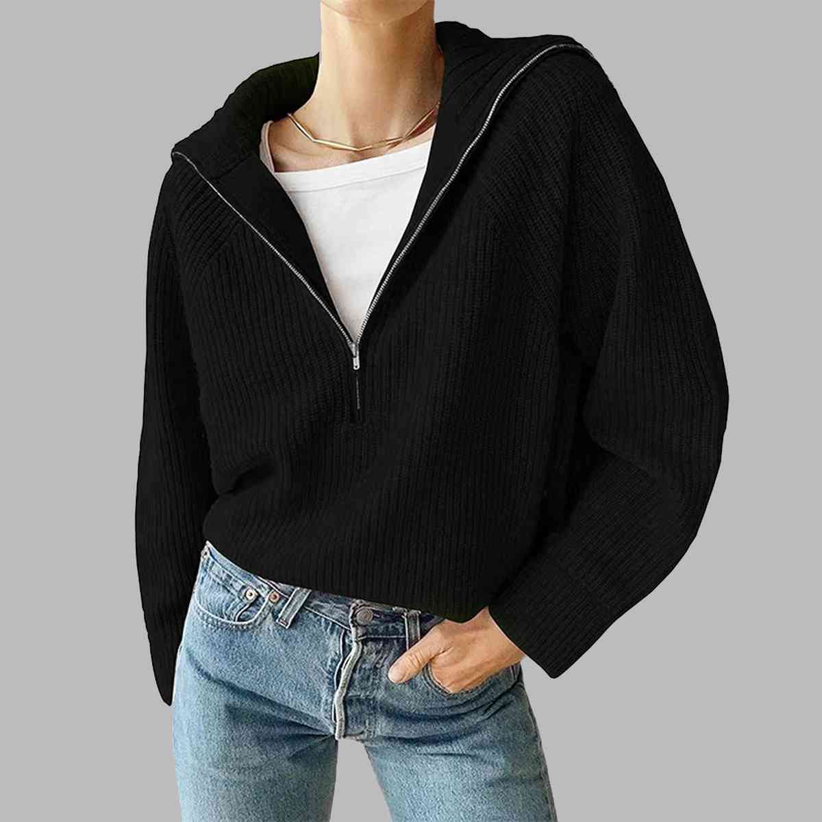 HaIf Zip Long Sleeve Knit Top | Acrylic Casual Top With Long Cuffed Sleeves