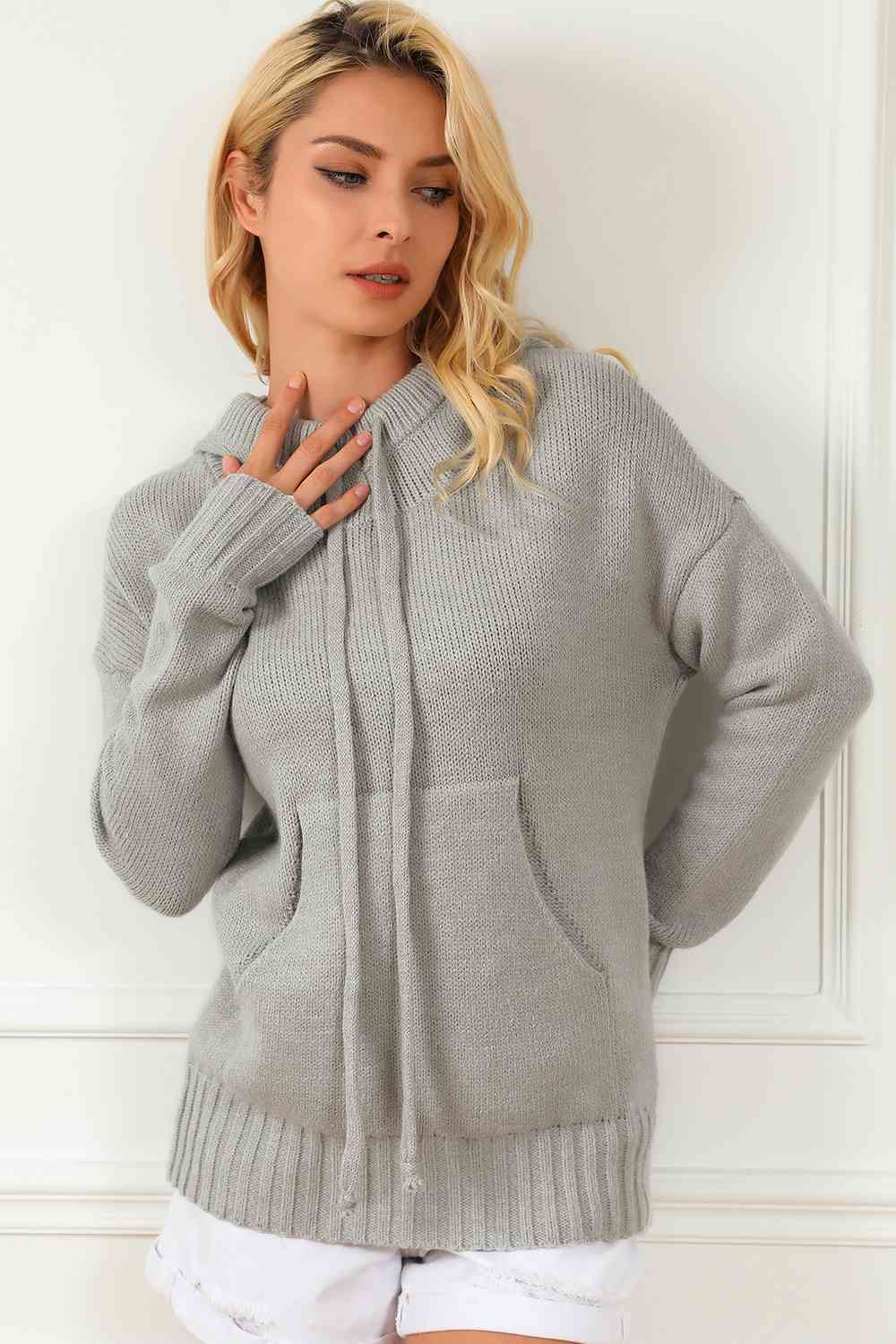 Drawstring Hooded Sweater with Pocket | Casual Polyester Sweater With Ribbed Hem