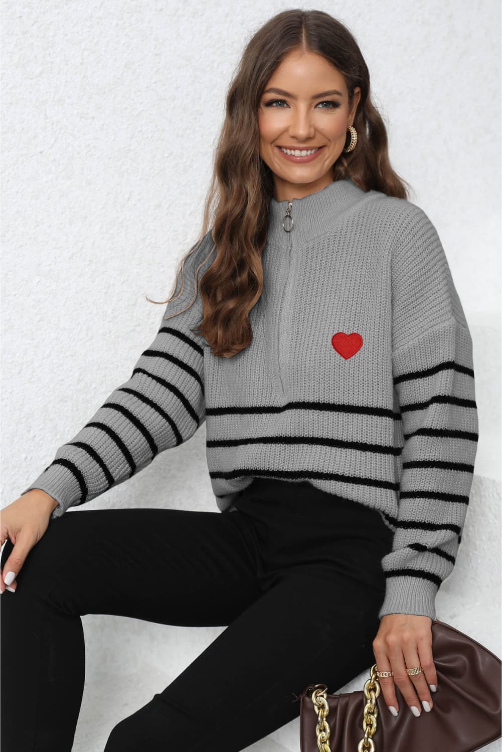 Striped Zip-Up Long Sleeve Ribbed Sweater