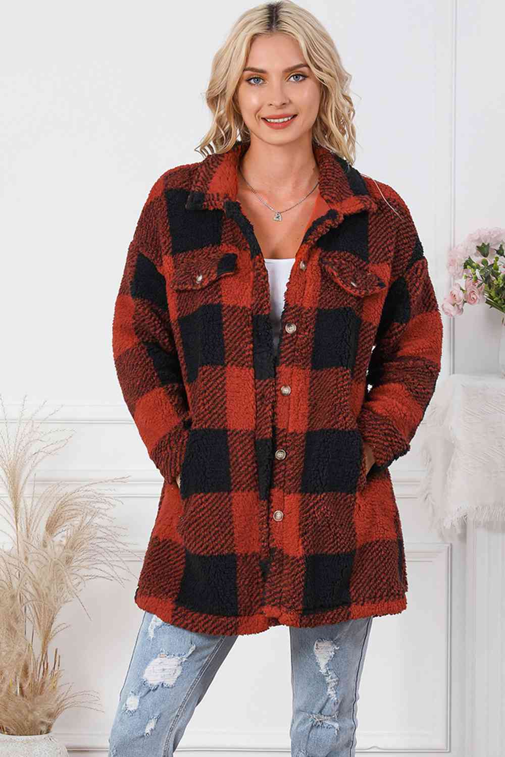 Plaid Button Down Coat with Pockets | Casual Woman's Collar Neck Polyester Coat