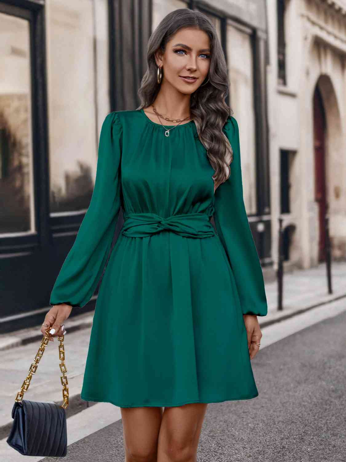 Twisted Round Neck Long Sleeve Dress | Twisted Round Neck Long Sleeve Dress | Mini Formal Polyester Dress With Zip