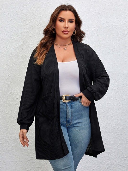 Plus Size Open Front Long Sleeve Cardigan | Casual Polyester Pocketed Cardigan
