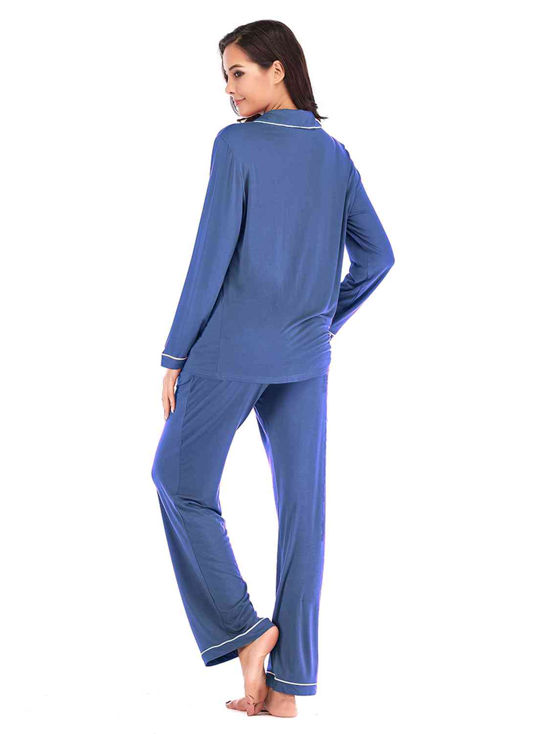 Collared Neck Long Sleeve Loungewear Set with Pockets | Stretchy Nylon Set