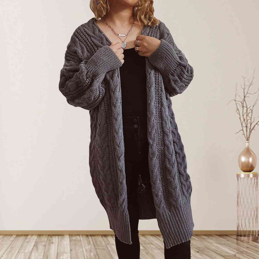 Cable-Knit Open Front Dropped Shoulder Cardigan | Warm Cardigan With Ribbed Hem