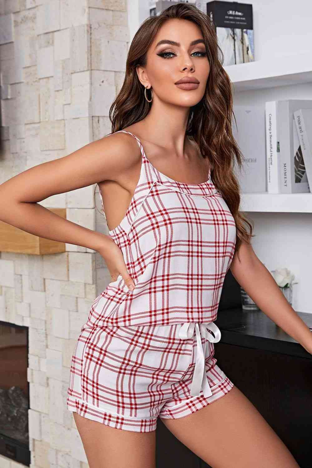 Plaid Cami and Tie-Front Shorts Pajama Set | Sleeveless Viscose Pajama Set
