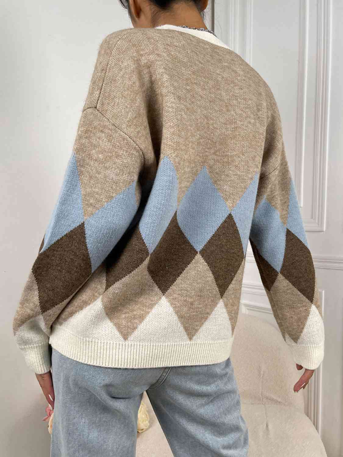 Geometric Button-Up V-Neck Dropped Shoulder Cardigan | Polyester Cardigan