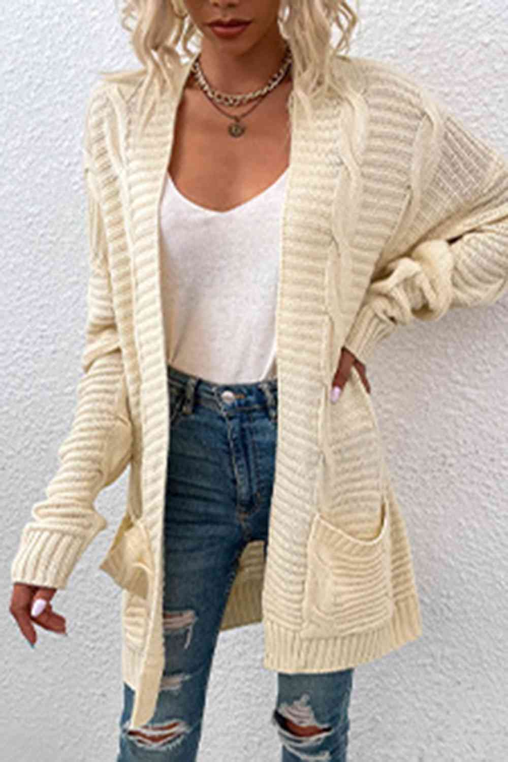 Cable-Knit Open Front Cardigan with Pockets | Casual Ribbed Polyester Cardigan