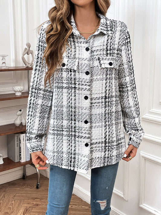 Plaid Button Down Jacket | Polyester Jacket With Collar Neck And Long Sleeves