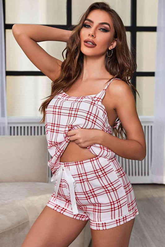 Plaid Cami and Tie-Front Shorts Pajama Set | Sleeveless Viscose Pajama Set