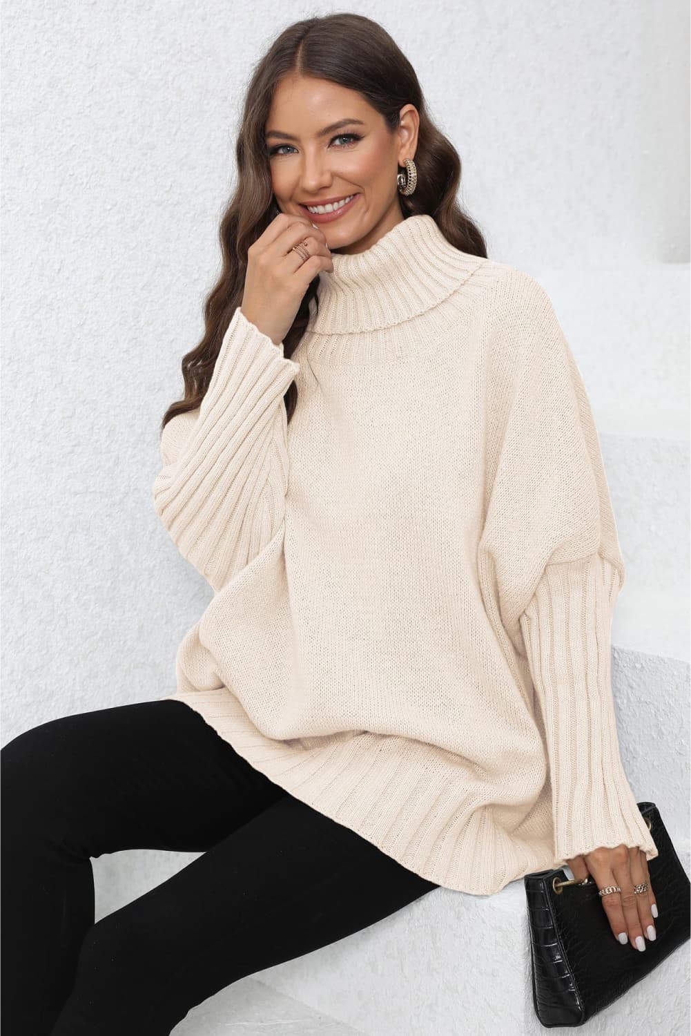 Turtle Neck Long Sleeve Ribbed Sweater | Casual Dolman Sleeve Ribbed Hem Sweater