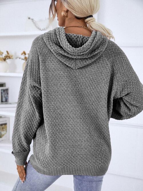 Texture Drawstring Long Sleeve Hooded Sweater | Solid Sweater With Ribbed Cuffs