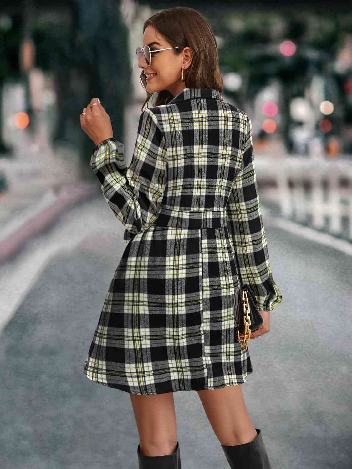 Plaid Tie Front Collared Neck Long Sleeve Dress | Casual Buttoned Tied Dress