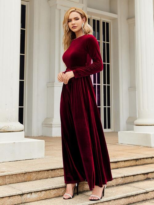 Tie Front Round Neck Long Sleeve Maxi Dress | Evening Solid Polyester Dress