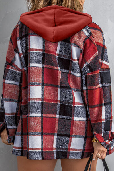 Plus Size Plaid Button Up Hooded Jacket | Polyester Jacket With Long Sleeves