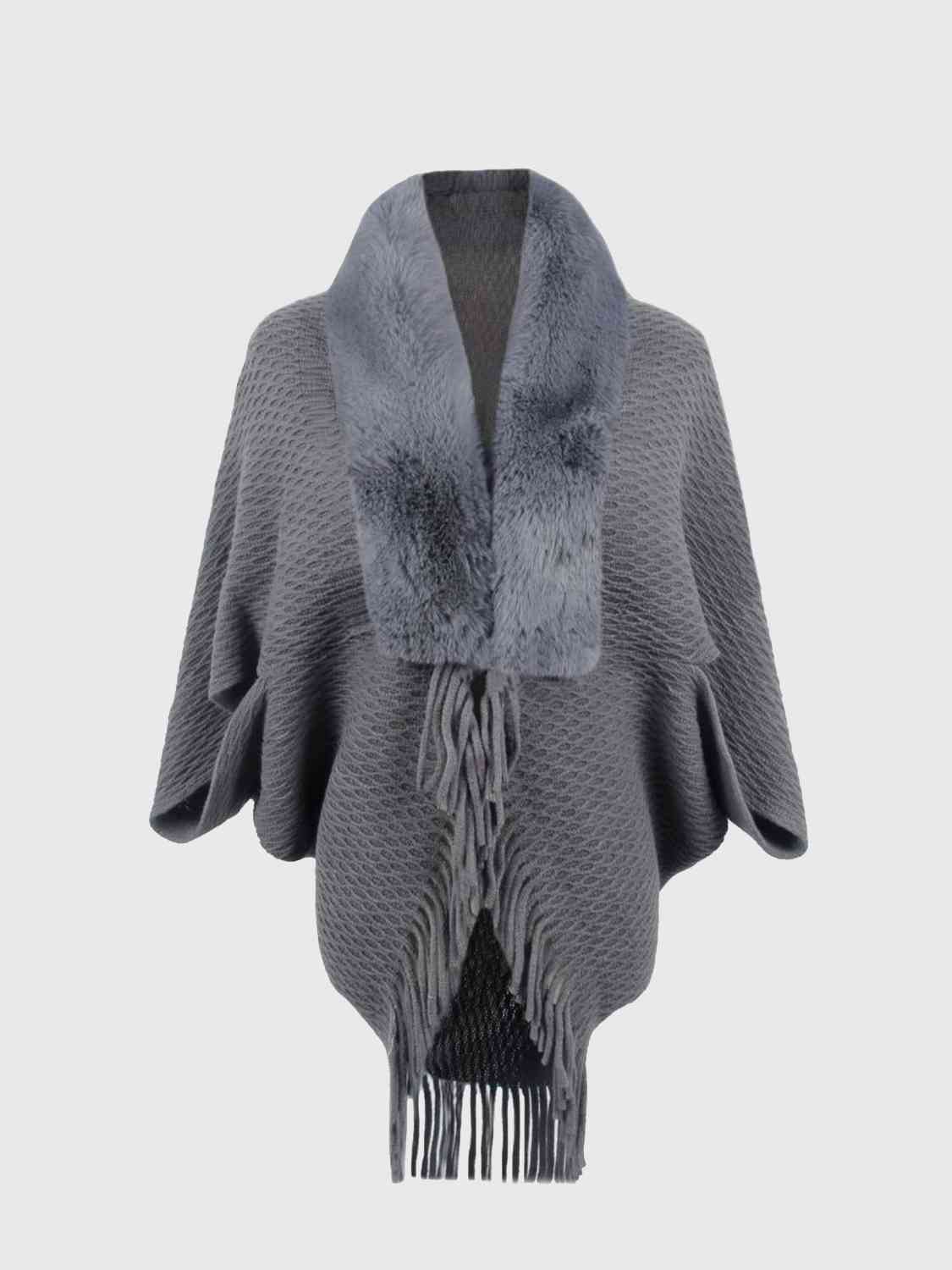 Open Front Fringe Hem Poncho | Casual Solid Fur Stretchy Polyester Poncho