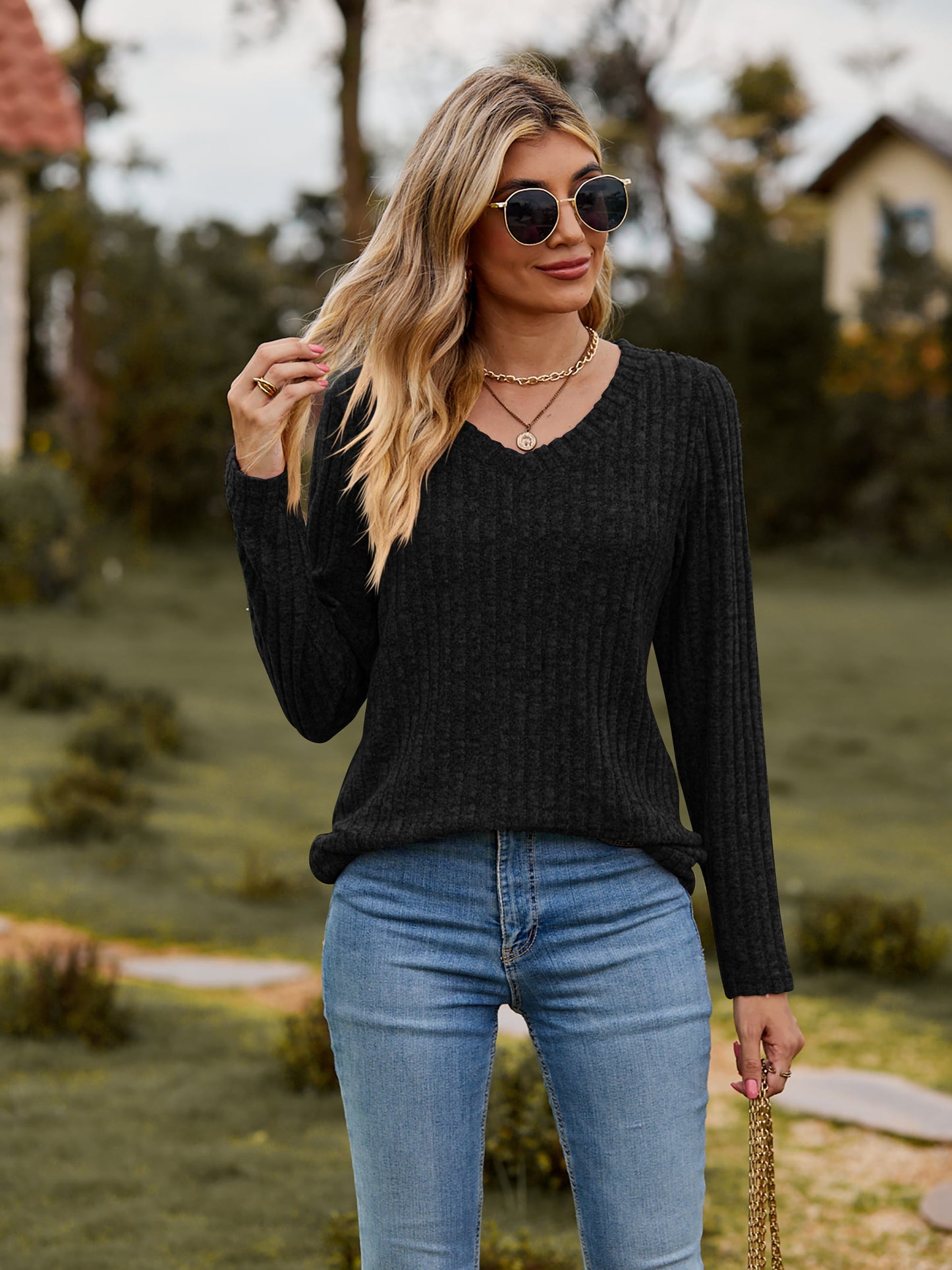 Ribbed V-Neck Long Sleeve Tee | Casual Polyester Tee With Heathered Pattern