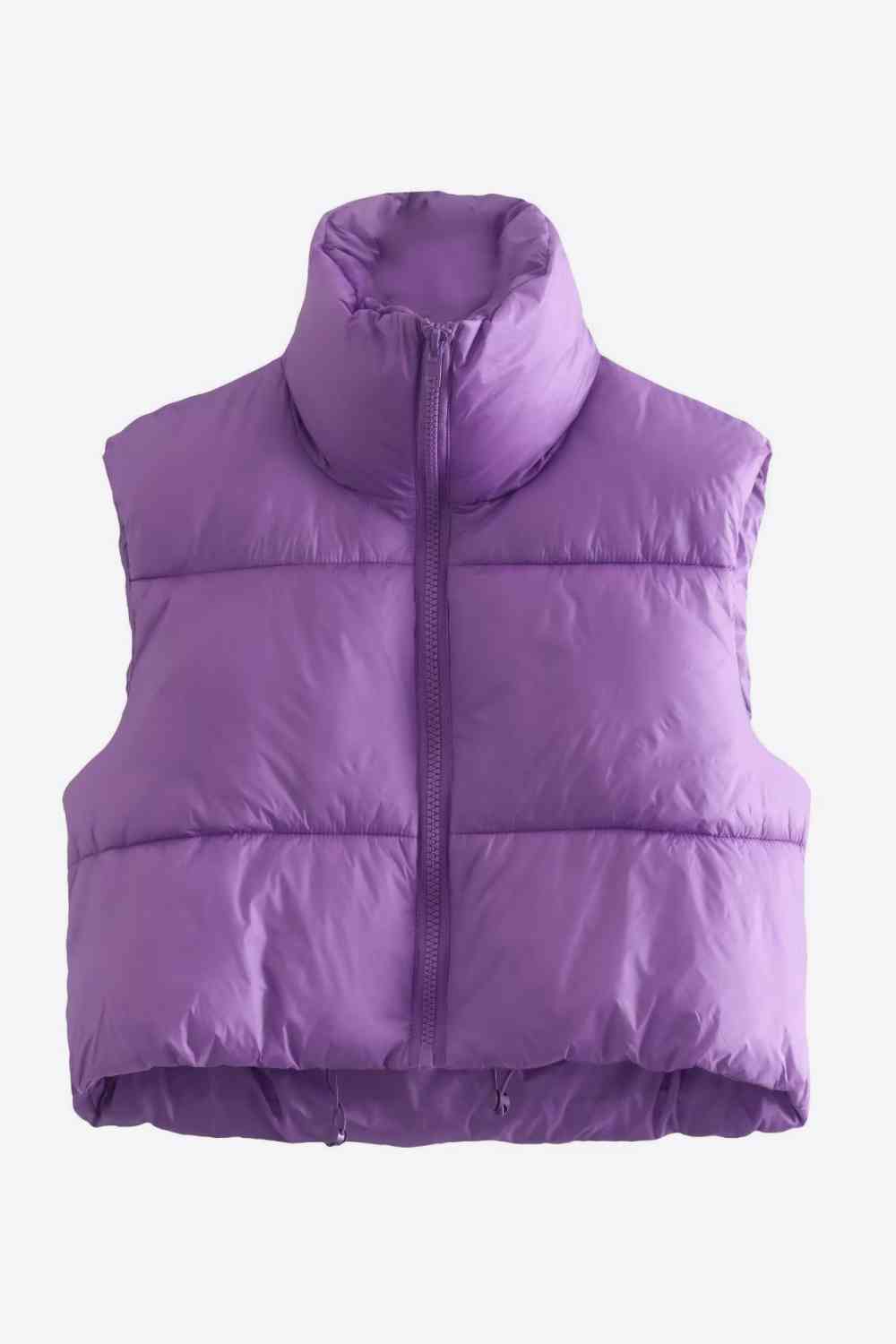 Zip-Up Drawstring Puffer Vest | Cropped Solid Band Collar Polyester Vest