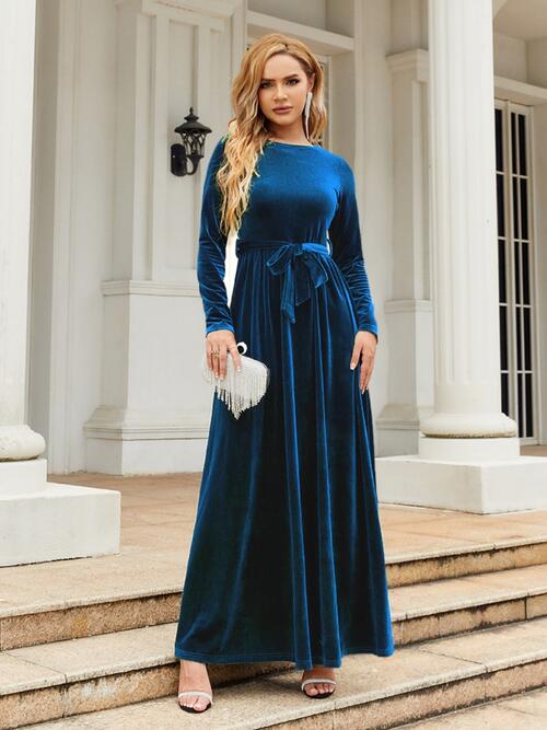 Tie Front Round Neck Long Sleeve Maxi Dress | Evening Solid Polyester Dress