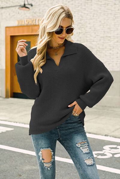 Ribbed Johnny Collar Pullover Sweater | Woman's Sweater With Cuffed Sleeves