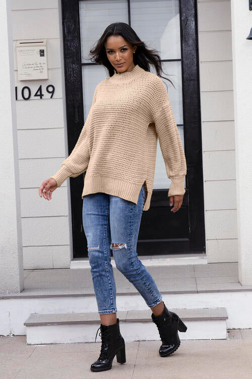 Round Neck Slit Sweater | Casual Solid Sweater With Ribbed Cuffs Hem & Neck