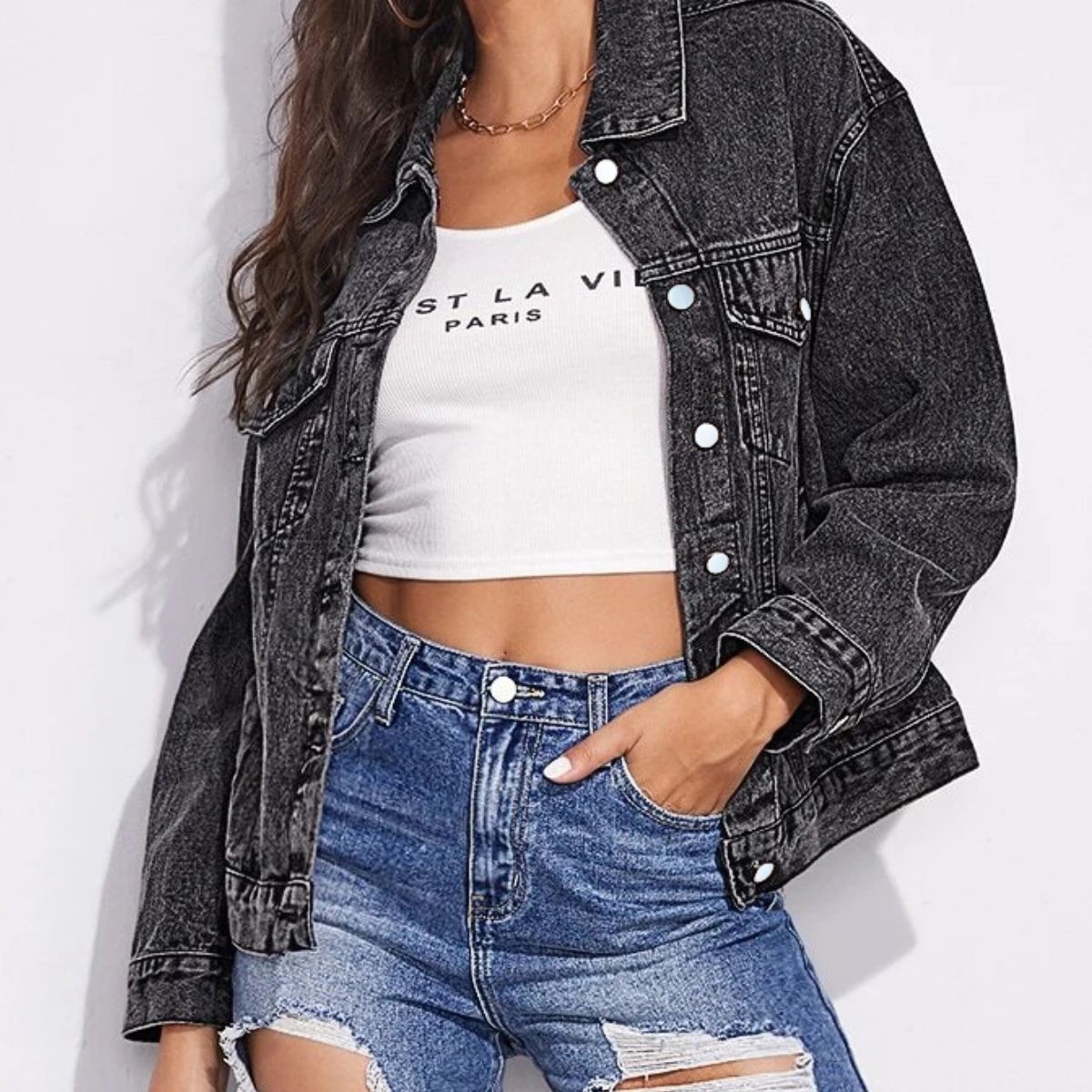 Collared Neck Dropped Shoulder Button-Down Denim Jacket | Solid Pocketed Jacket