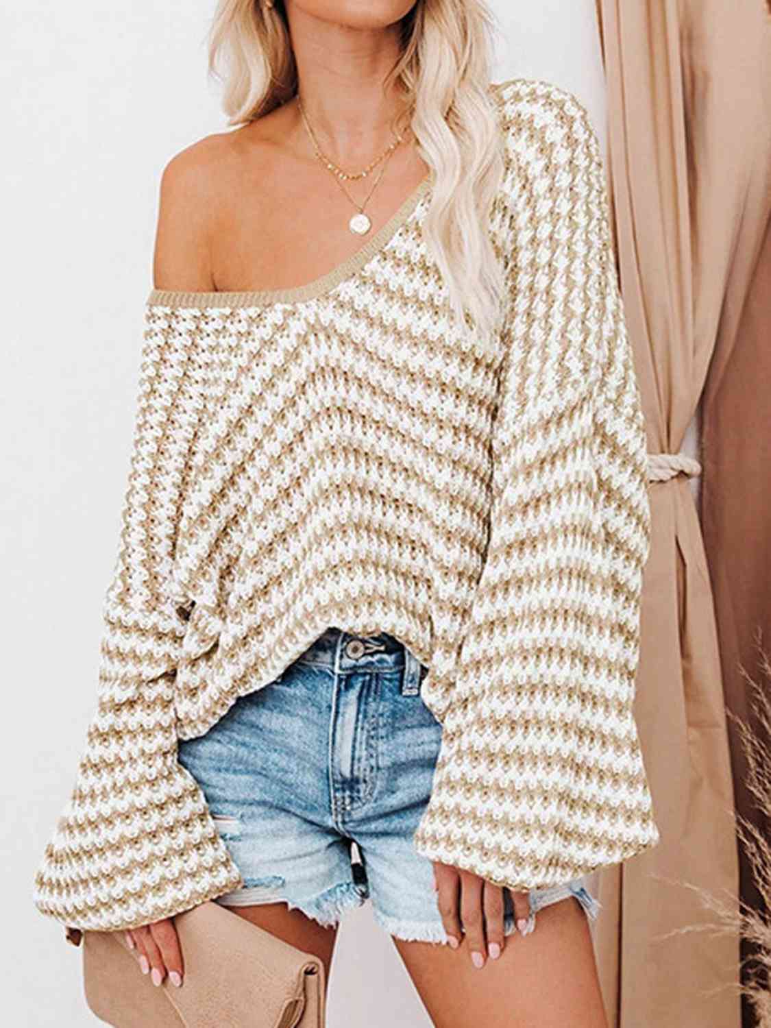 Striped Drop Shoulder V-Neck Sweater | Casual Open Work Relaxed Fit Sweater