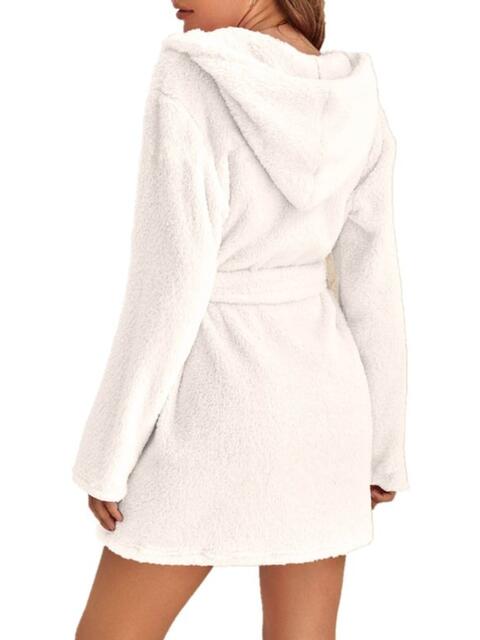 Tie Waist Hooded Robe | Soft Solid Stretched Polyester Robe With Pockets