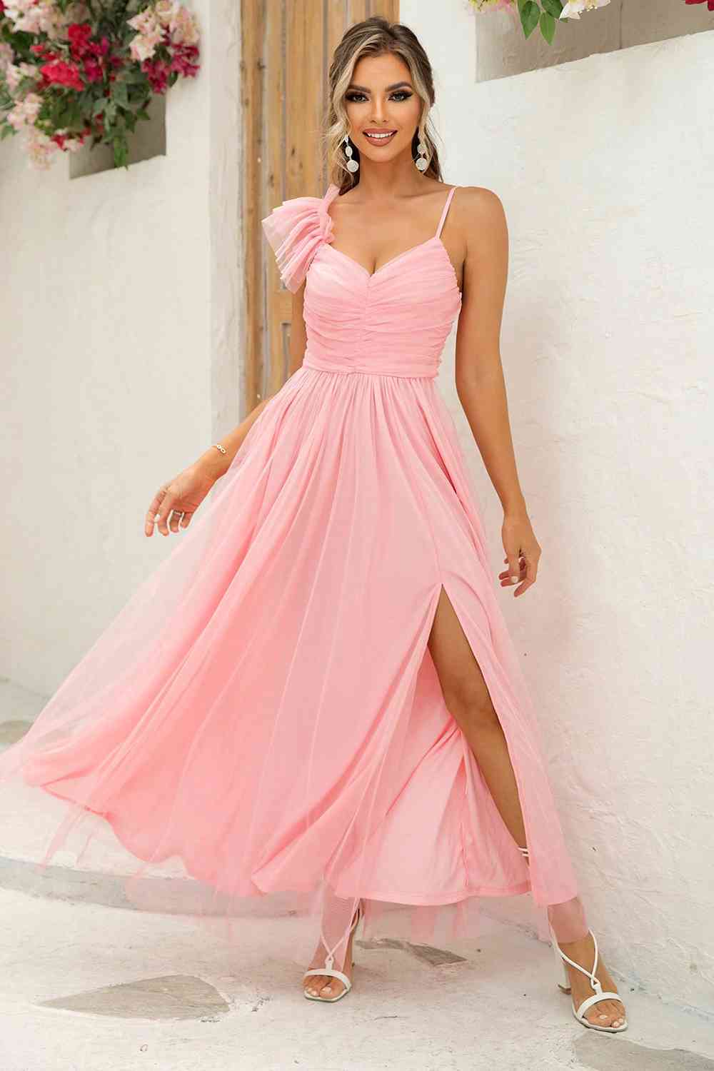 Asymmetrical Ruched Slit Dress | Formal Long A-line Sleeveless Polyester Gown