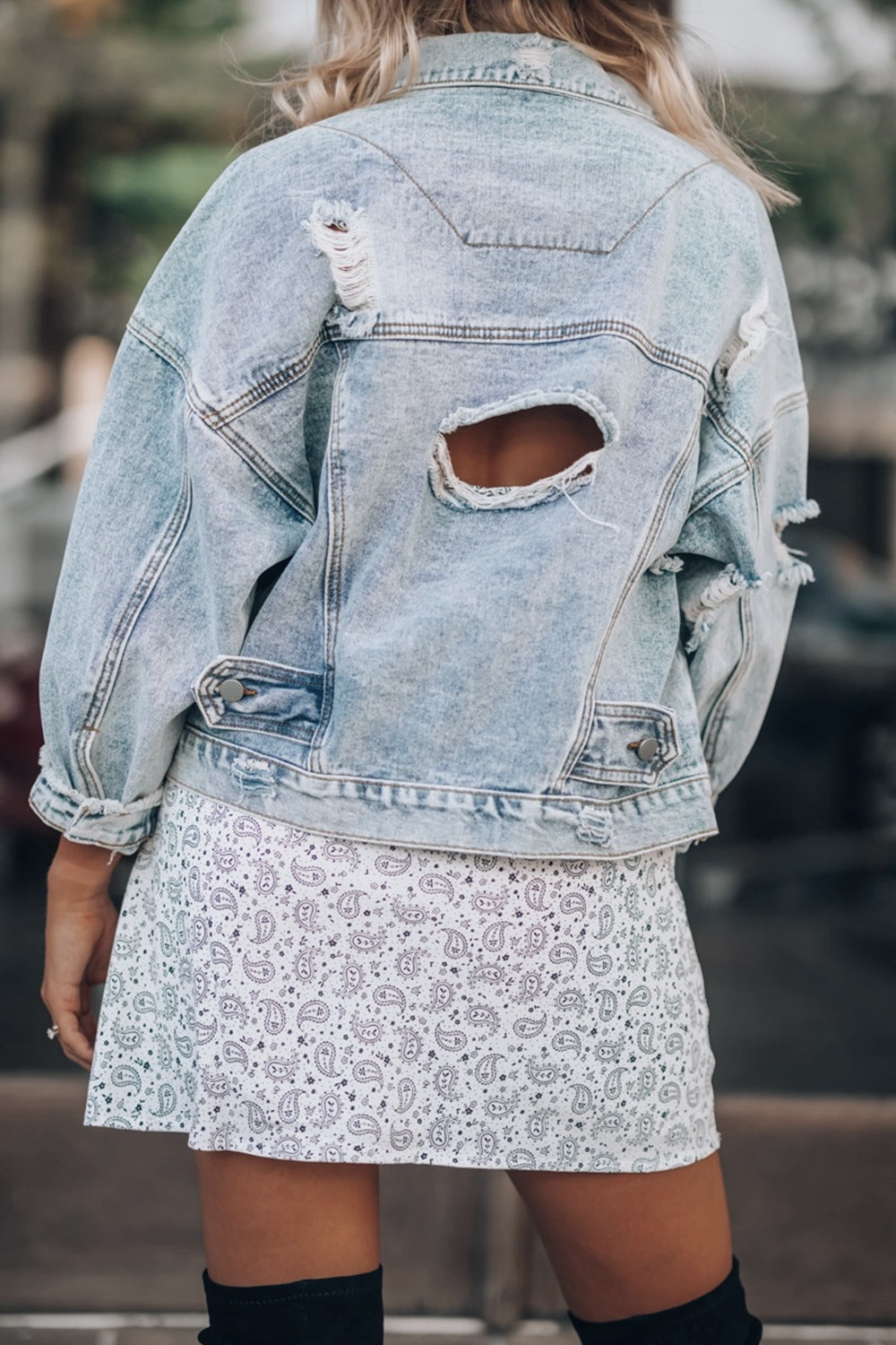 Distressed Drop Shoulder Denim Jacket | Pocketed Cotton Jacket With Buttons