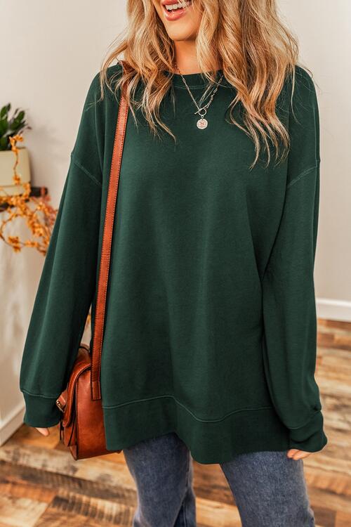 Round Neck Drop Shoulder Slit Sweatshirt | Casual Solid Polyester Sweatshirt
