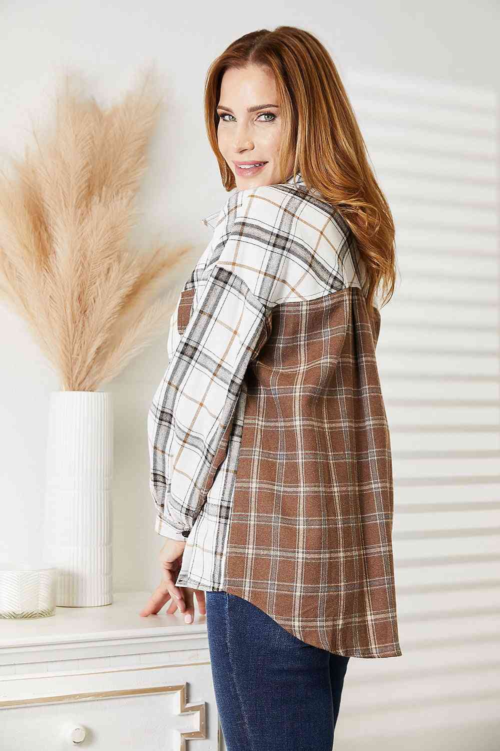 Double Take Plaid Contrast Button Up Shirt Jacket | Jacket With Long Sleeves