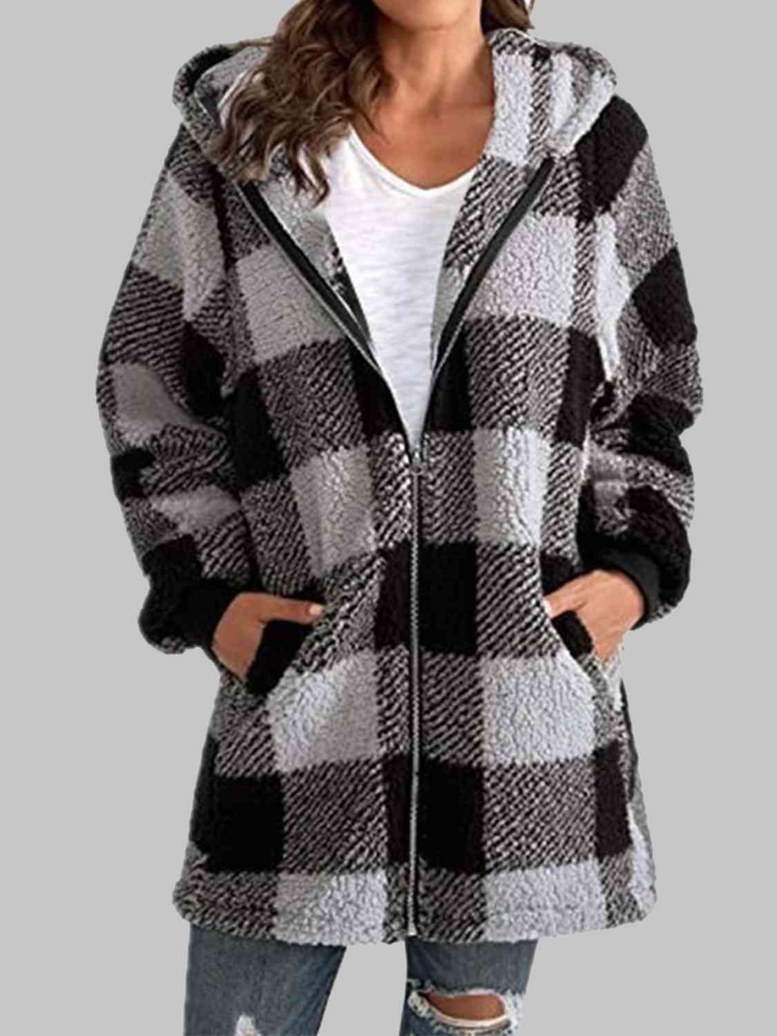 Plaid Zip-Up Hooded Jacket with Pockets | Warm Cozy Fuzzy Sherpa Jacket Shirt