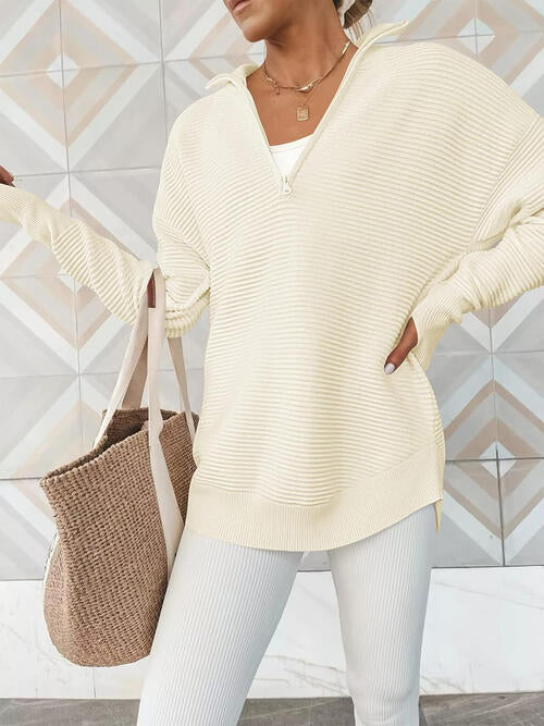 Half Zip Long Sleeve Knit Top | Casual Woman's Solid Stretchy Drop Shoulder Top