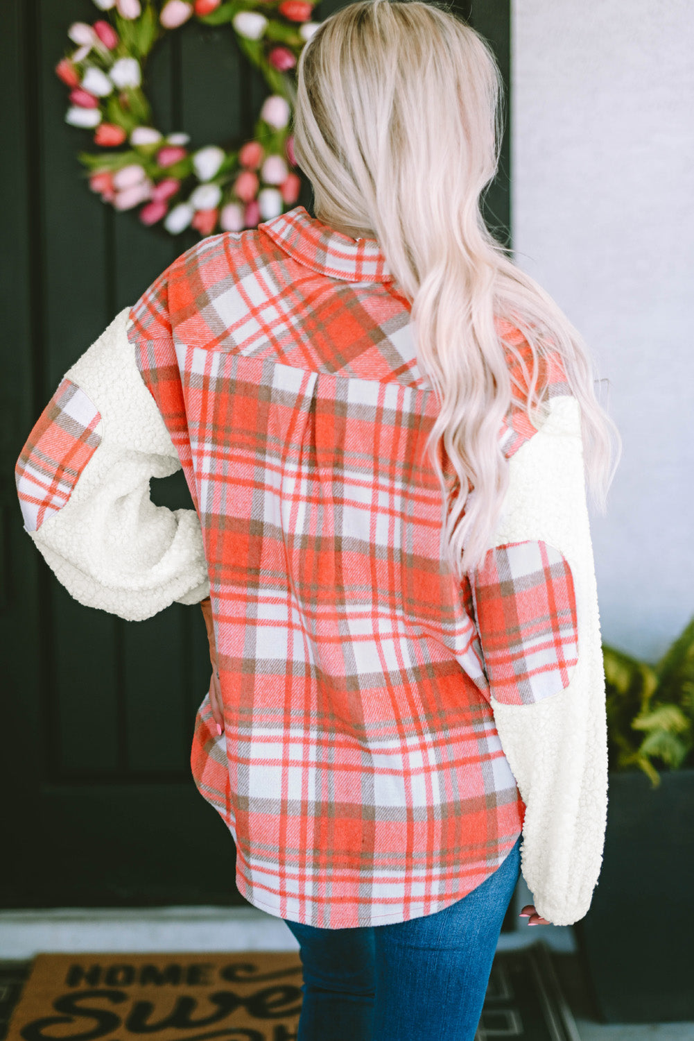 Plaid Button Down Jacket with Pockets | Casual Plaid Front White Sleeve Shacket