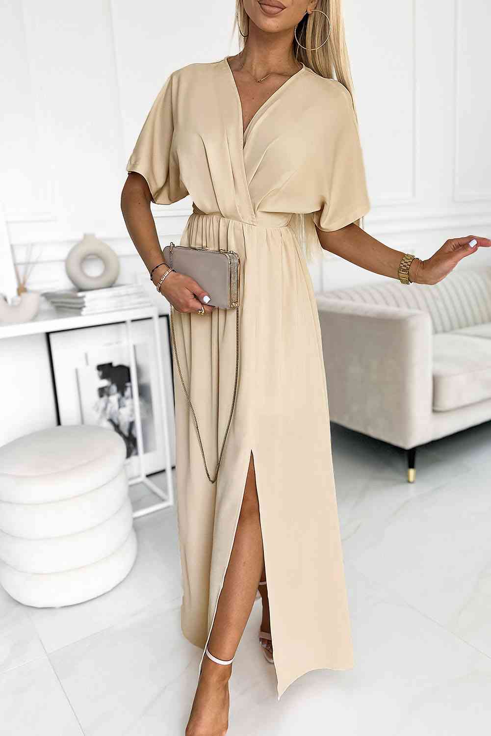 Surplice Neck Slit Maxi Dress | Formal Solid Polyester Dress With Short Sleeves