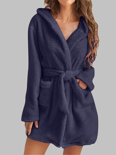 Tie Waist Hooded Robe | Soft Solid Stretched Polyester Robe With Pockets