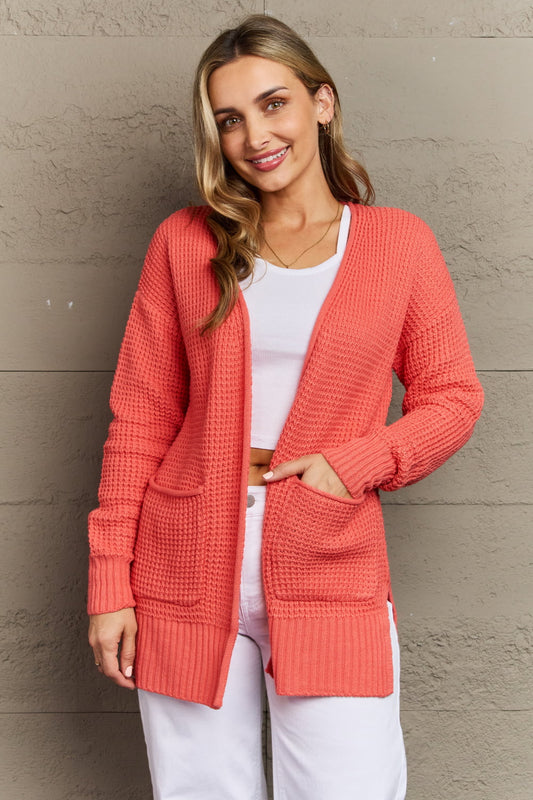 Zenana Bright & Cozy Full Size Waffle Knit Cardigan | Casual Acrylic Cardigan