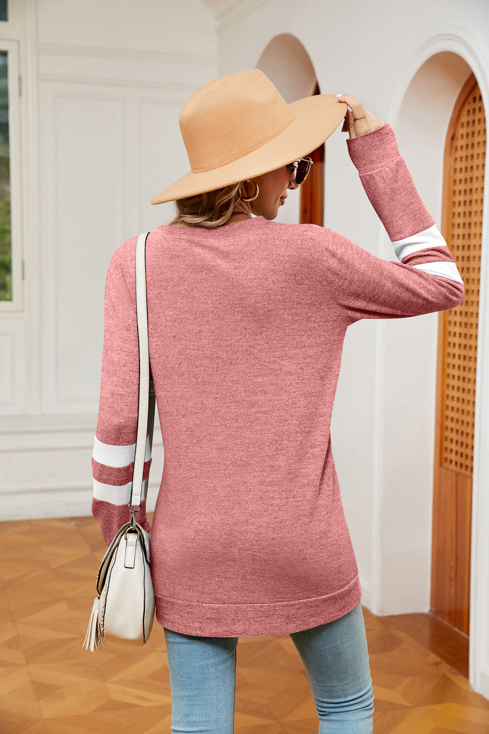 Round Neck Long Sleeve Top | Casual Stretchy Woman's Top With Cuffed Sleeves