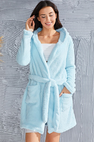 Fuzzy Tied Pocketed Hooded Lounge Nightgown | Soft Solid Polyester Nightgown
