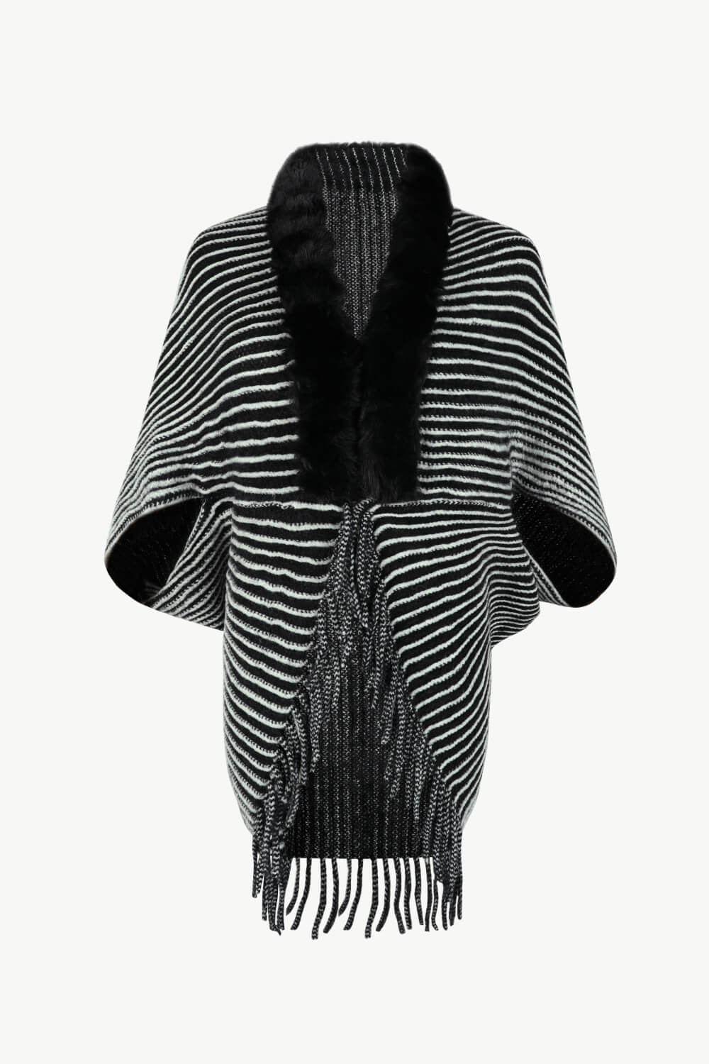 Striped Open Front Fringe Poncho | Casual Woman's Stretchy Polyester Poncho