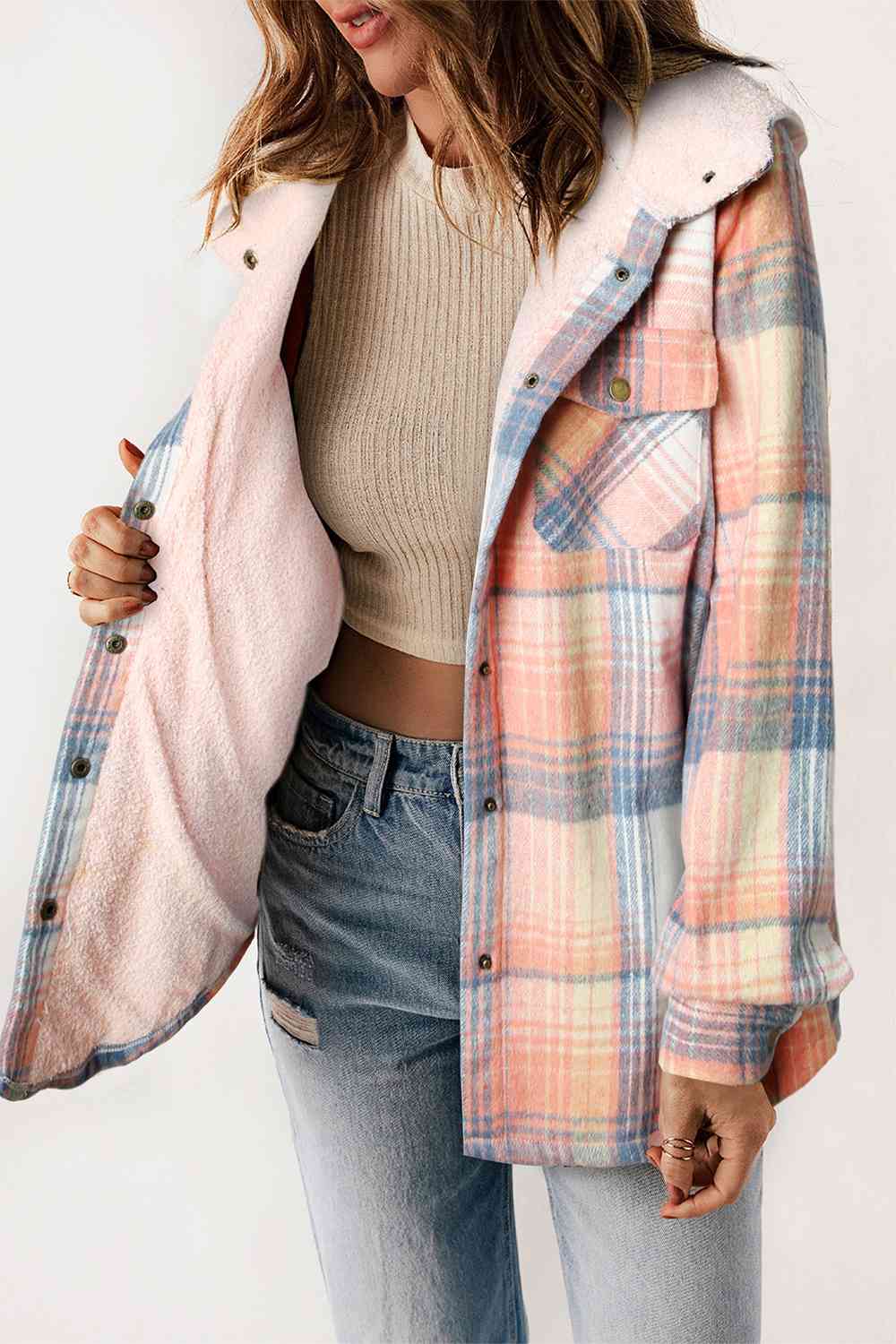 Plaid Snap Down Hooded Jacket | Casual Pocketed Jacket With Long Sleeves