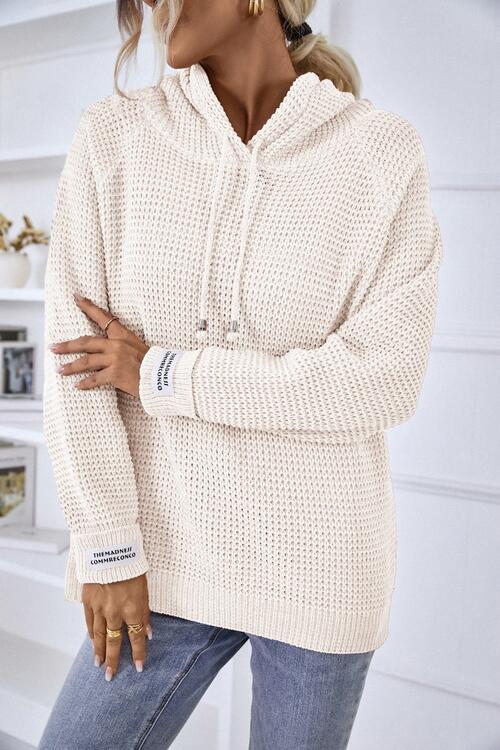 Drawstring Long Sleeve Hooded Sweater | Casual Stretchy Polyester Sweater