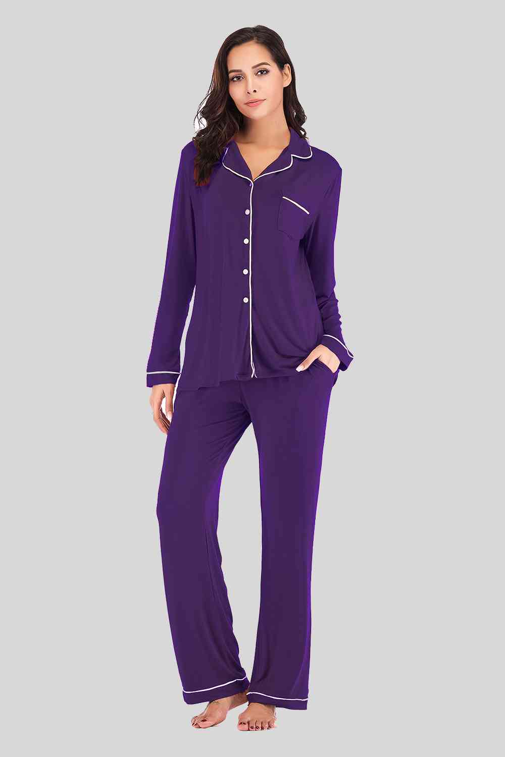 Collared Neck Long Sleeve Loungewear Set with Pockets | Stretchy Nylon Set