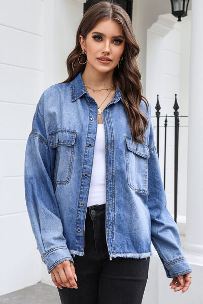 Raw Hem Pocketed Collared Neck Denim Jacket | Casual Jacket With Button Closure