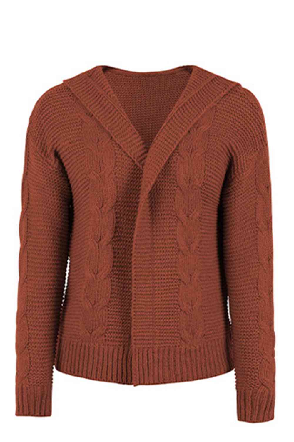 Cable-Knit Dropped Shoulder Hooded Cardigan | Casual Solid Ribbed Cardigan