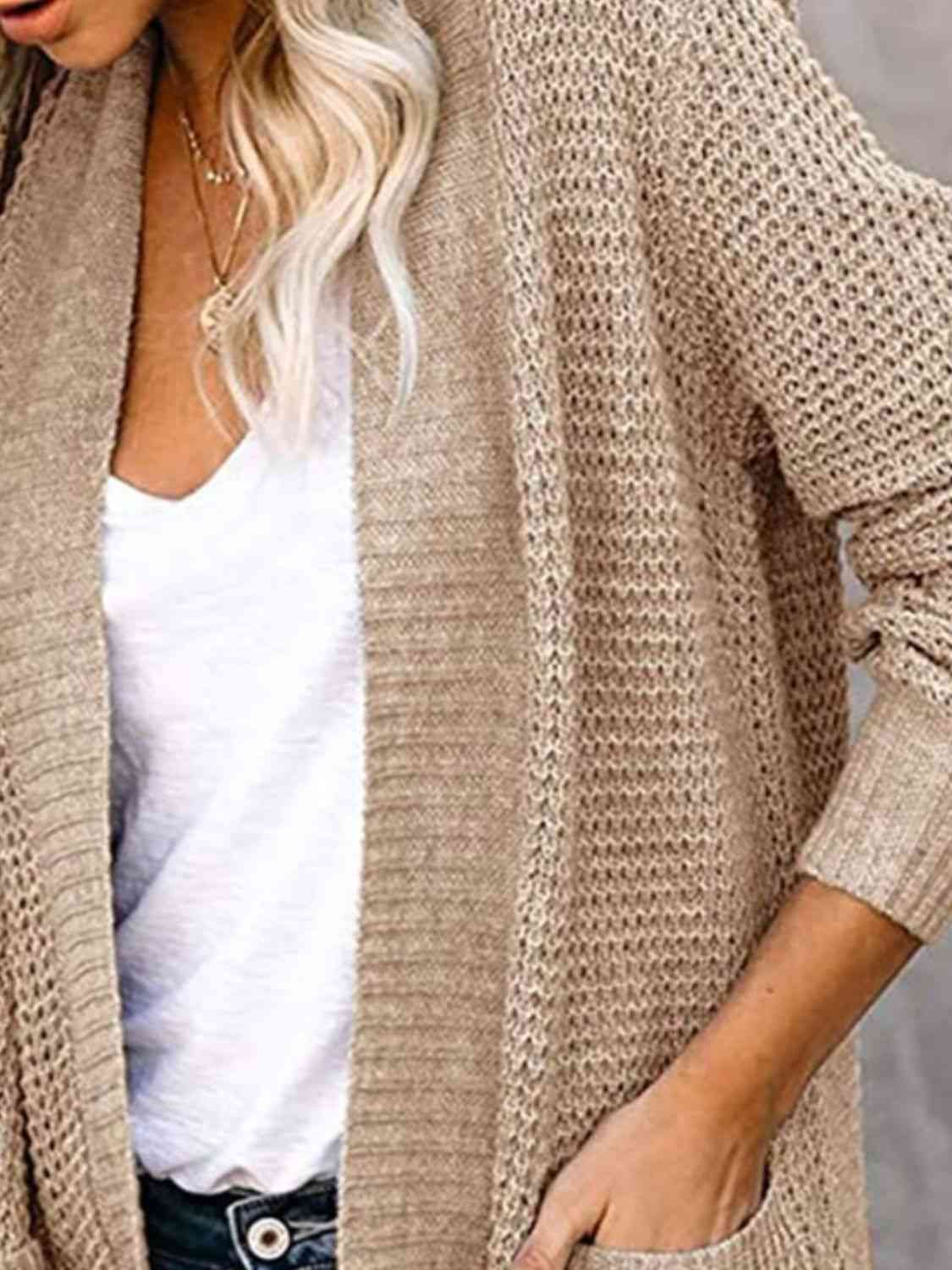 Open Front Long Sleeve Cardigan | Casual Polyester Cardigan With Side Pockets